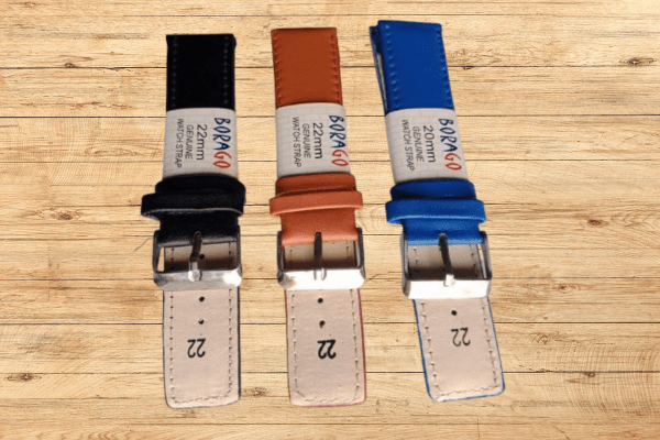 22mm Borago PU Leather Strap Combo – Black, Brown & Blue (12 Pcs)