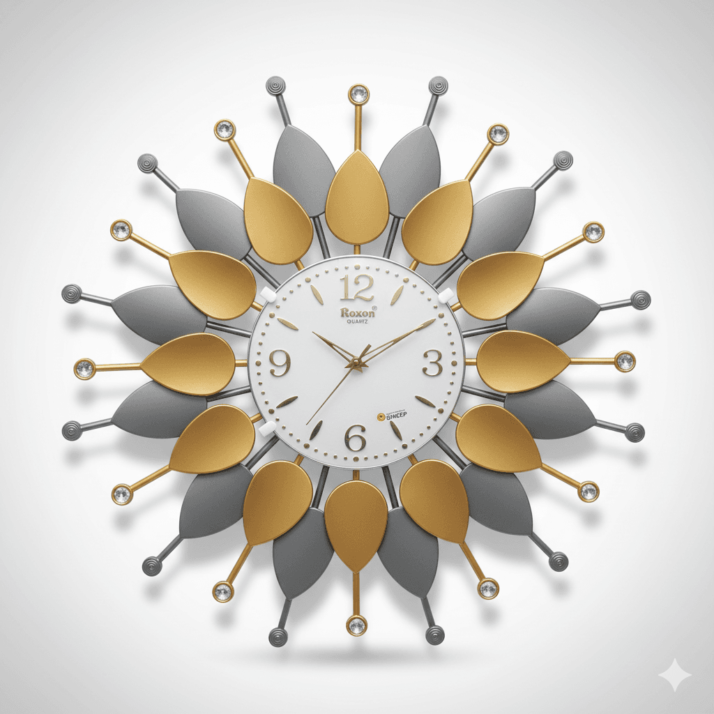 Roxon 24-Inch Luxury Flower Wall Clock - Silent Quartz, Gold & Grey Finish