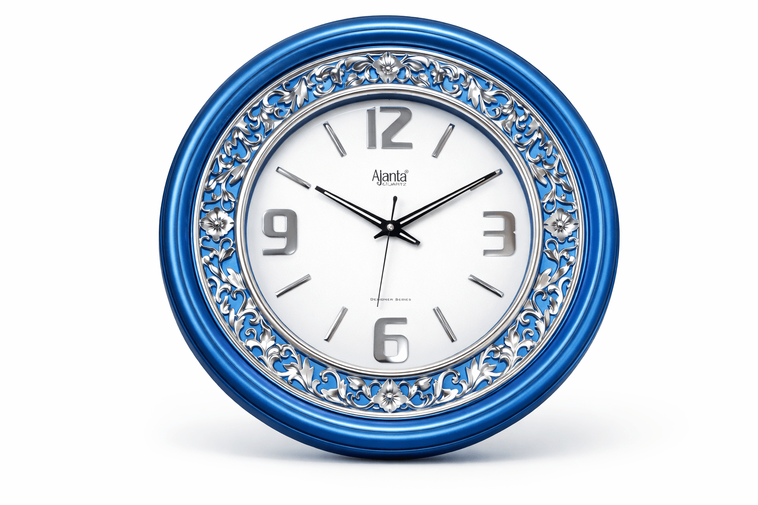 Ajanta 2877 Designer Floral Wall Clock – Blue & Silver Border (19 Inch)