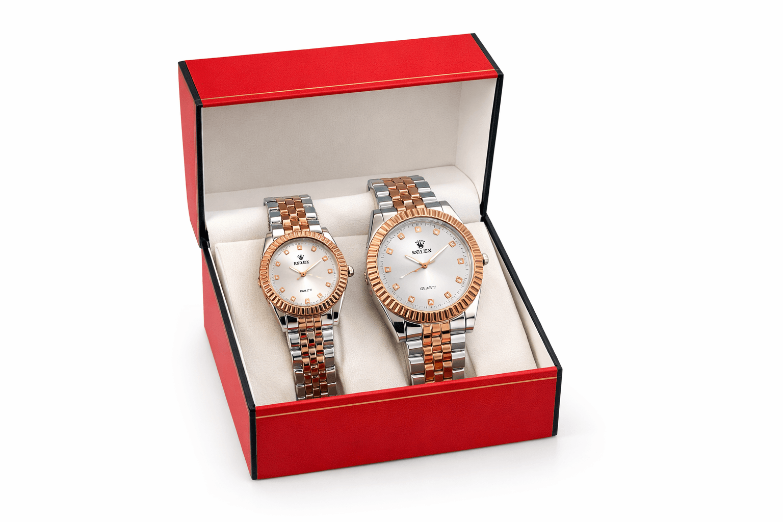 Two-Tone Rose Gold & Silver Couple Watch Set – Elegant Matching Analog Wrist Watches