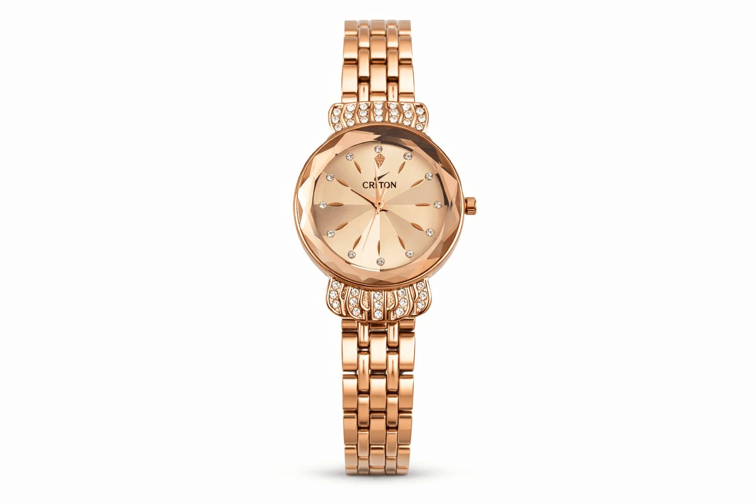 Rose Gold Diamond-Cut Ladies Watch – Crystal Studded Bracelet Strap