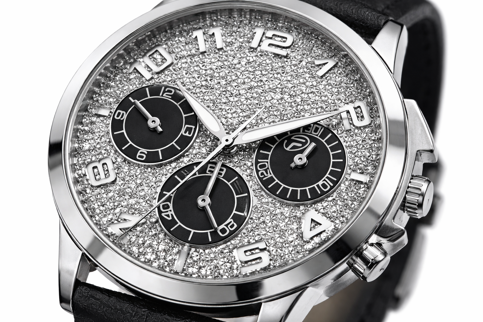 Crystal Textured Dial Leather Strap Wrist Watch – Silver & Black 2