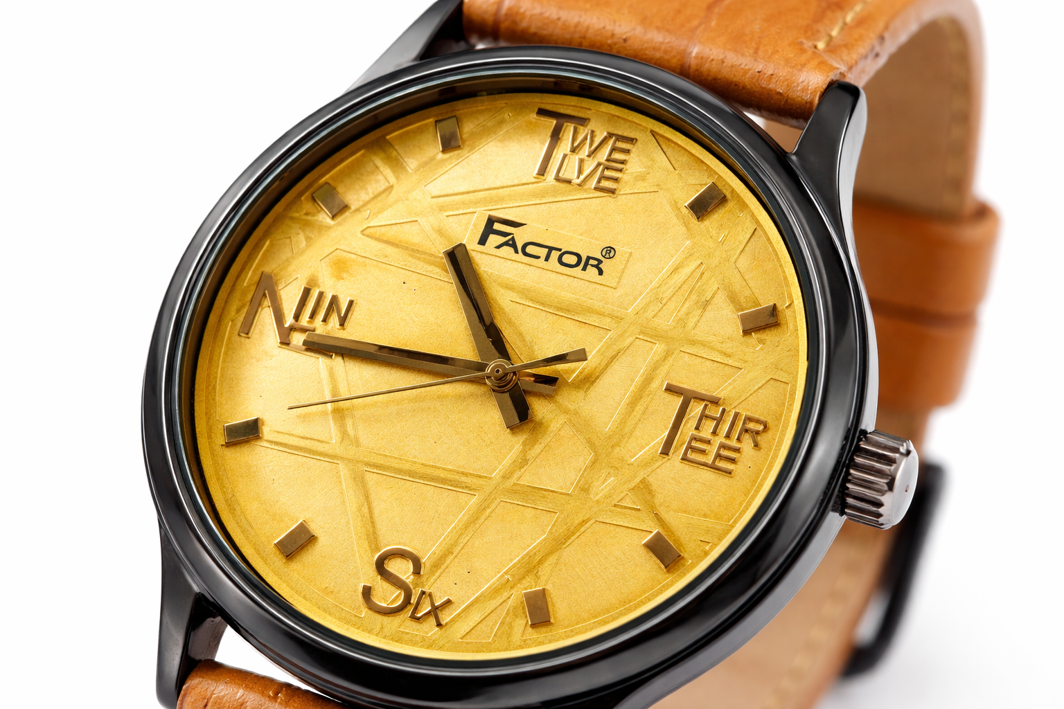Factor LS-CLASSIC Premium Brown Leather Analog Men's Watch – Golden Textured Dial 2