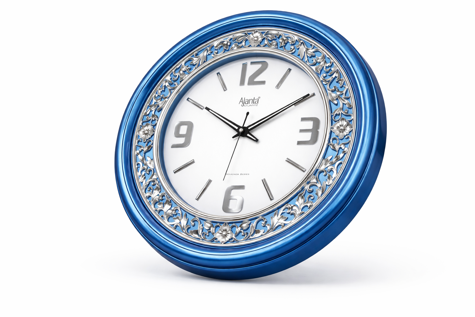 Ajanta 2877 Designer Floral Wall Clock – Blue & Silver Border (19 Inch) 2