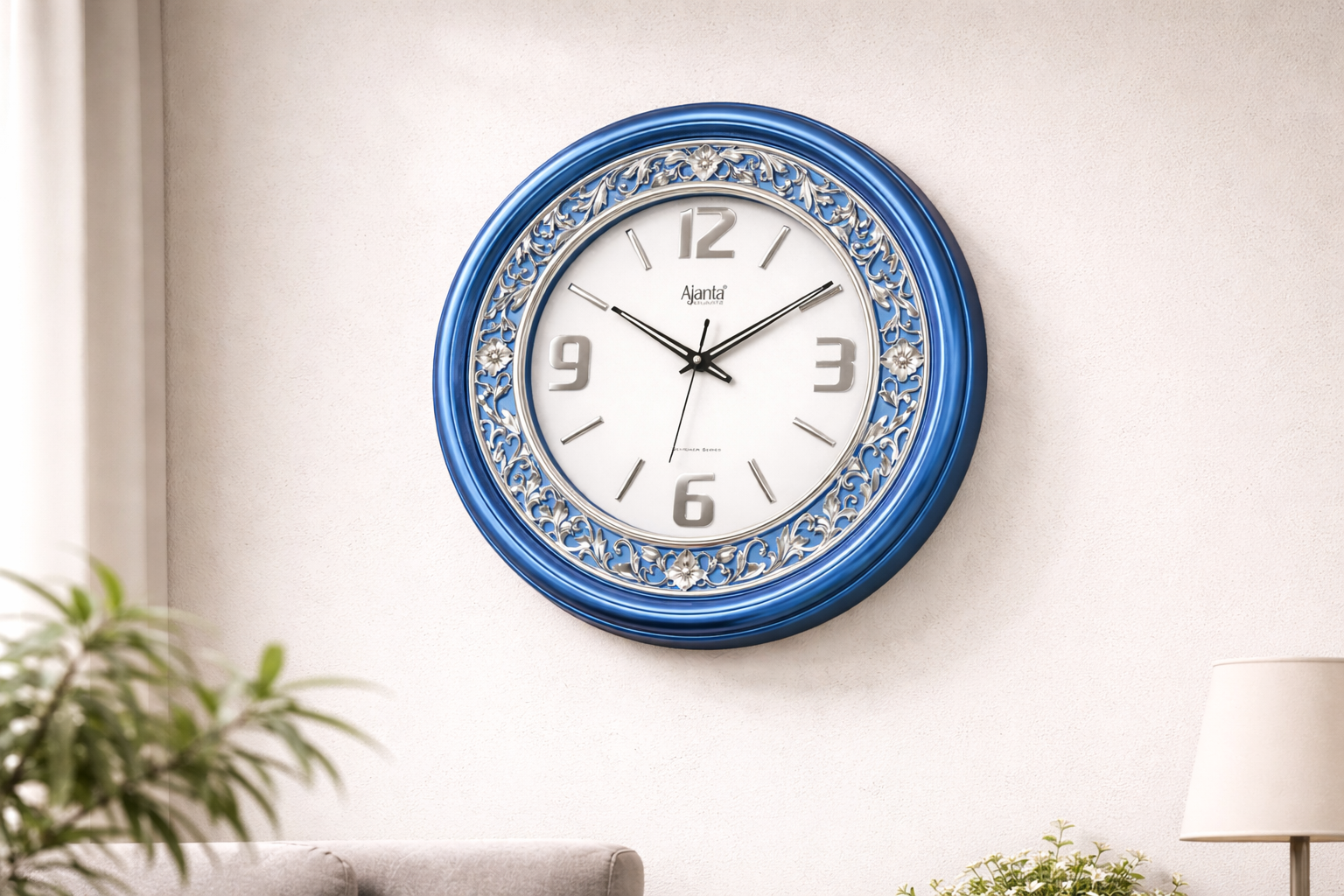Ajanta 2877 Designer Floral Wall Clock – Blue & Silver Border (19 Inch) 4