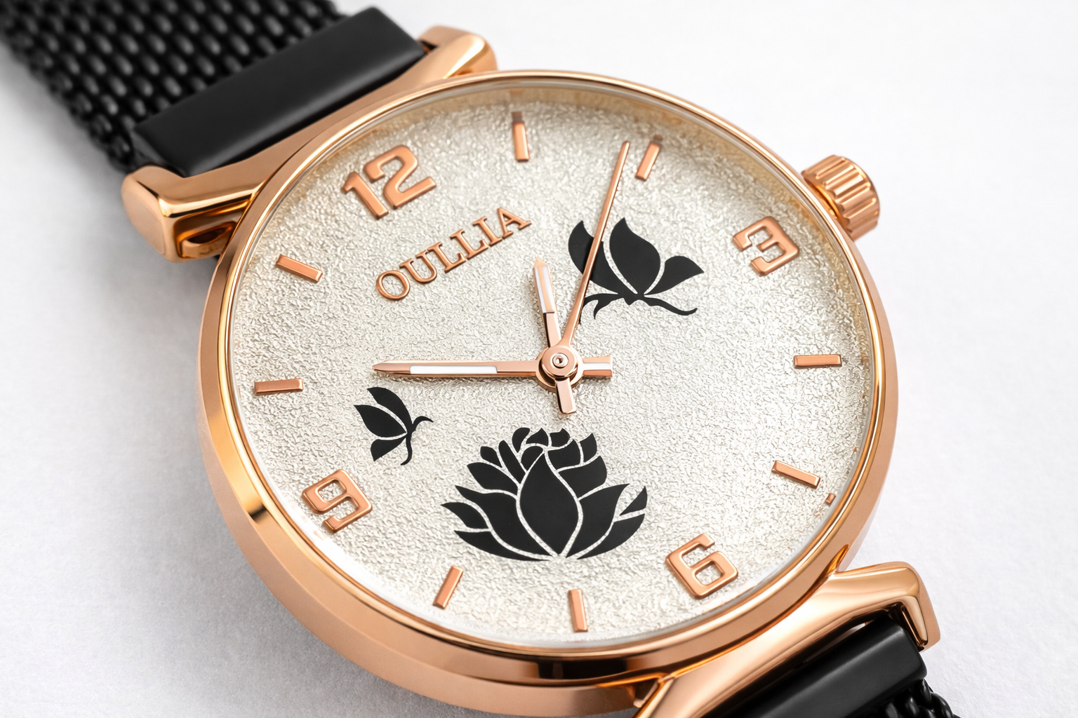 Rose Gold Ladies Watch with Black Magnet Chain 2