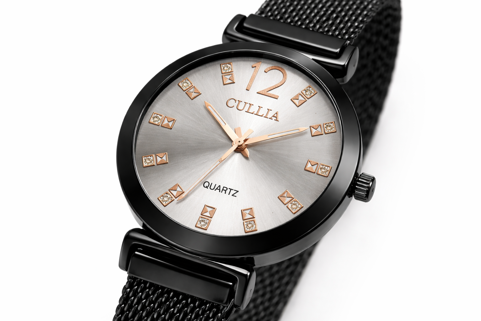 Black Magnet Chain Ladies Watch – Premium Silver Dial & Rose Gold Index | Women’s Analog Watch 2