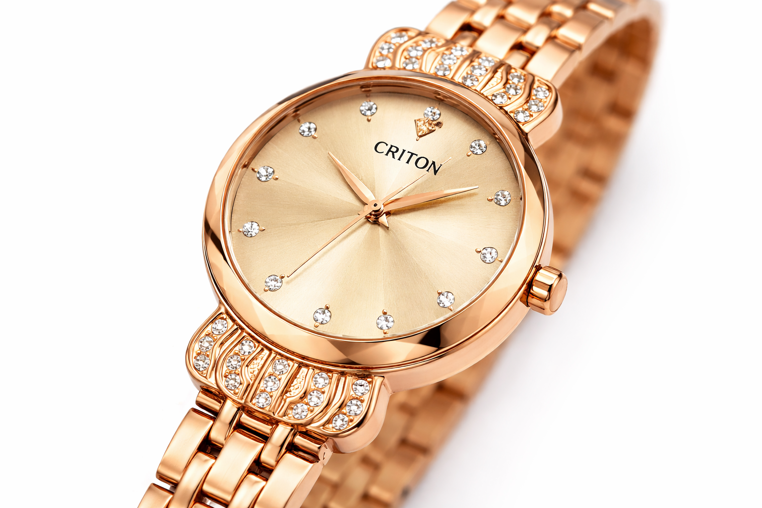 Rose Gold Diamond-Cut Ladies Watch – Crystal Studded Bracelet Strap 2