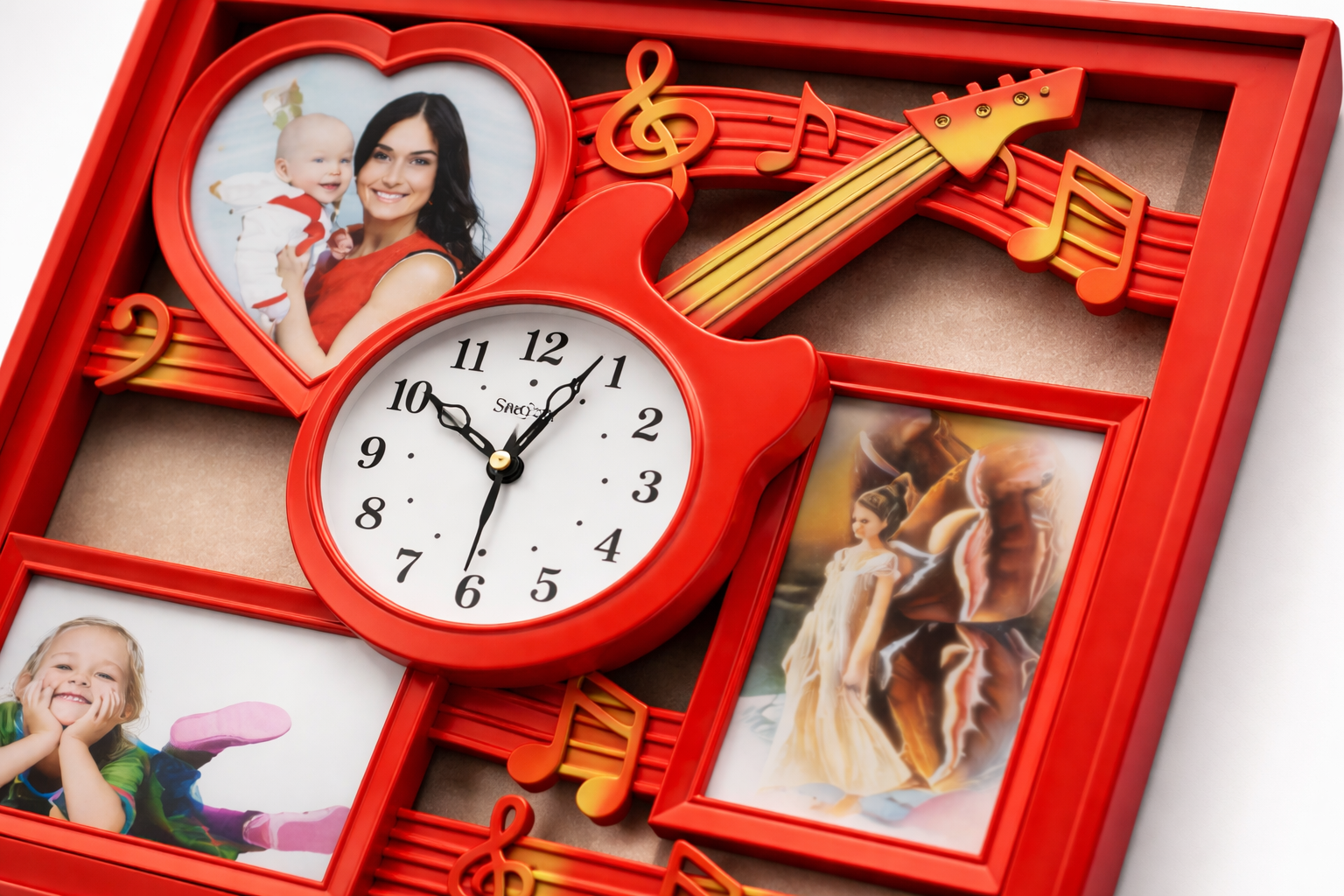 Red Guitar Theme Photo Frame Wall Clock – Multi Photo Display 2