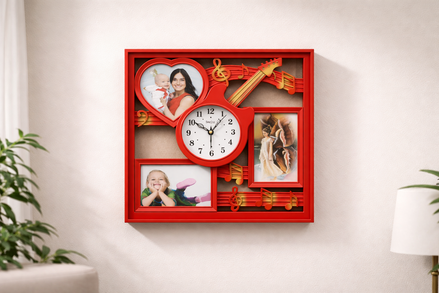 Red Guitar Theme Photo Frame Wall Clock – Multi Photo Display 3