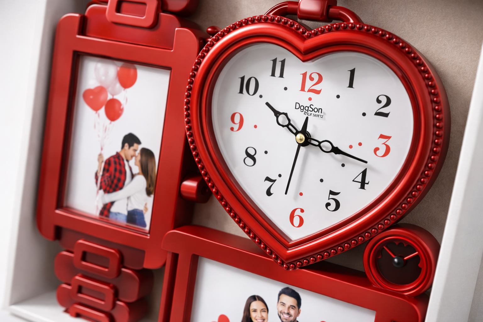 Red Heart Shape Photo Frame Wall Clock – Multi Photo Display Couple Theme Home Decor 2