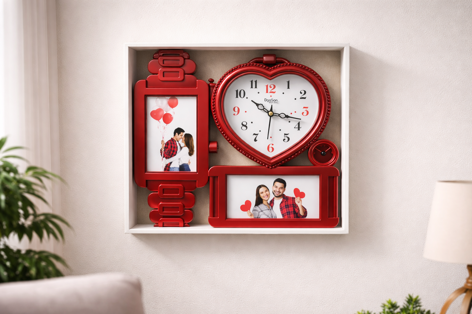 Red Heart Shape Photo Frame Wall Clock – Multi Photo Display Couple Theme Home Decor 3