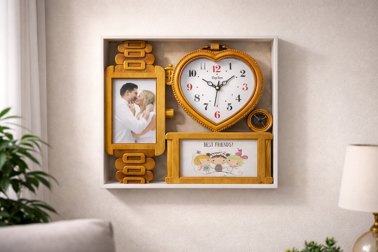 Wooden Finish Heart Shape Photo Frame Wall Clock 3