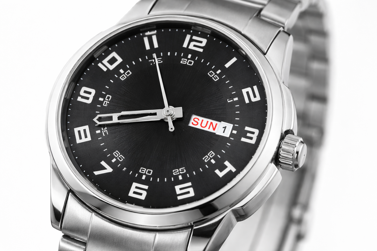 Black Dial Stainless Steel Strap Mens Analog Watch with Day Display 2