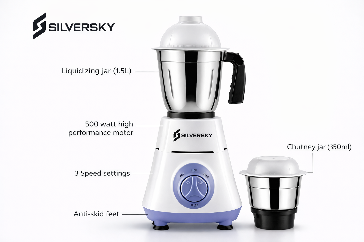 Silversky MGK-223 500W Mixer Grinder with 2 Stainless Steel Jars 2