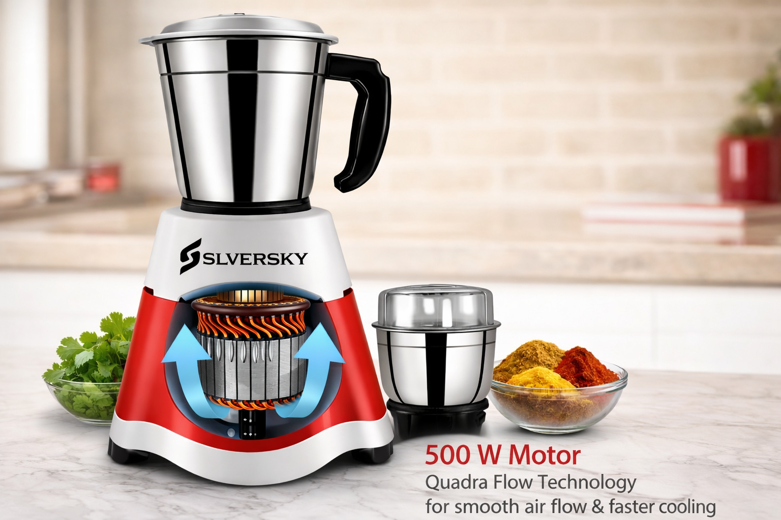 Silversky 500W Mixer Grinder with 2 Stainless Steel Jars – Red & White 2