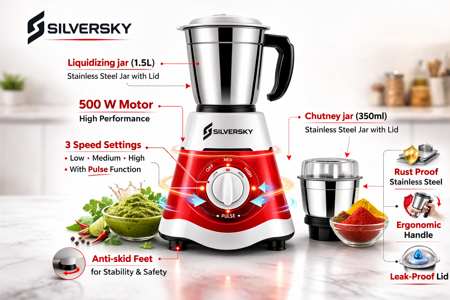 Silversky 500W Mixer Grinder with 2 Stainless Steel Jars – Red & White 3