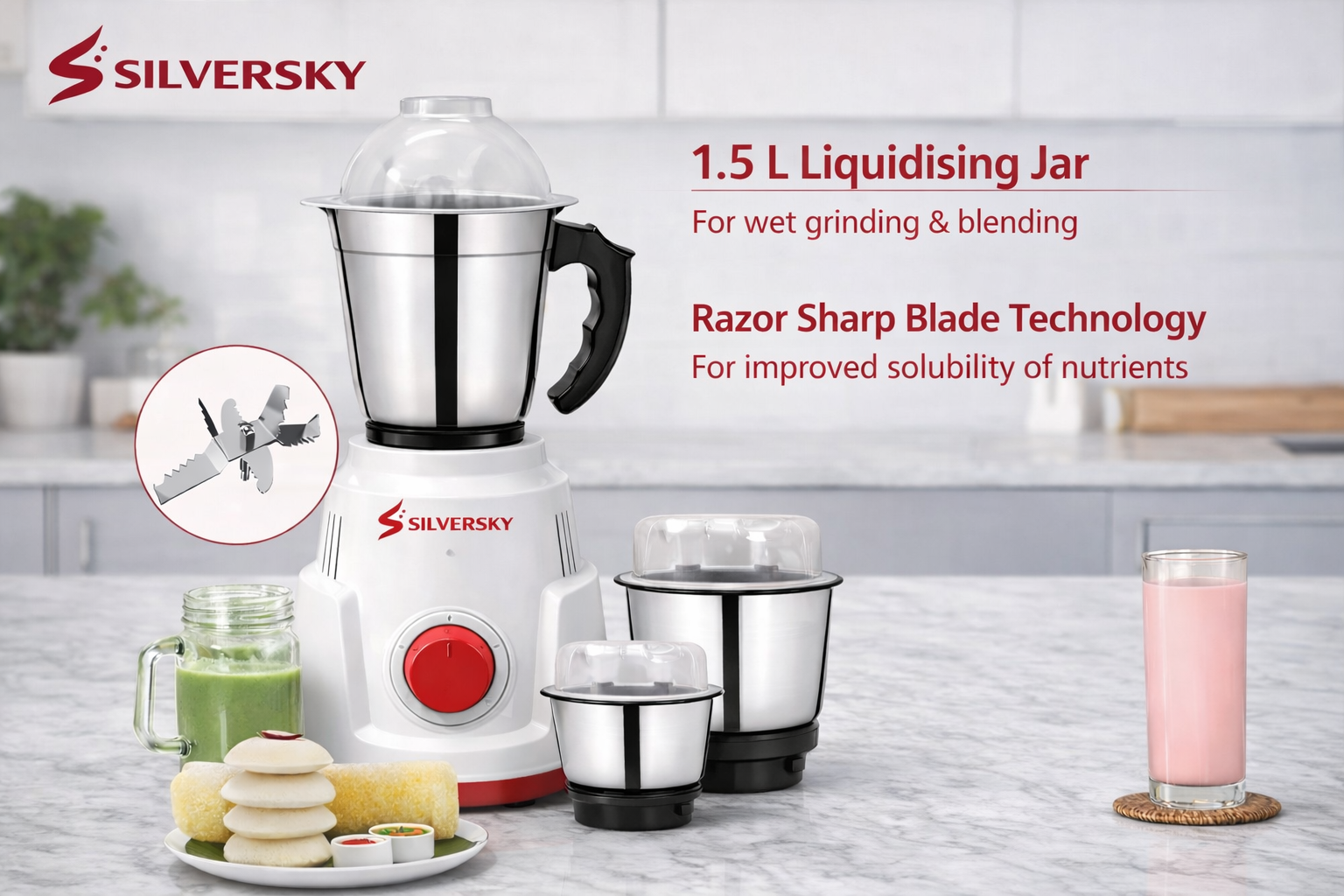 Silversky 500W Mixer Grinder with 3 Stainless Steel Jars – White & Red 2