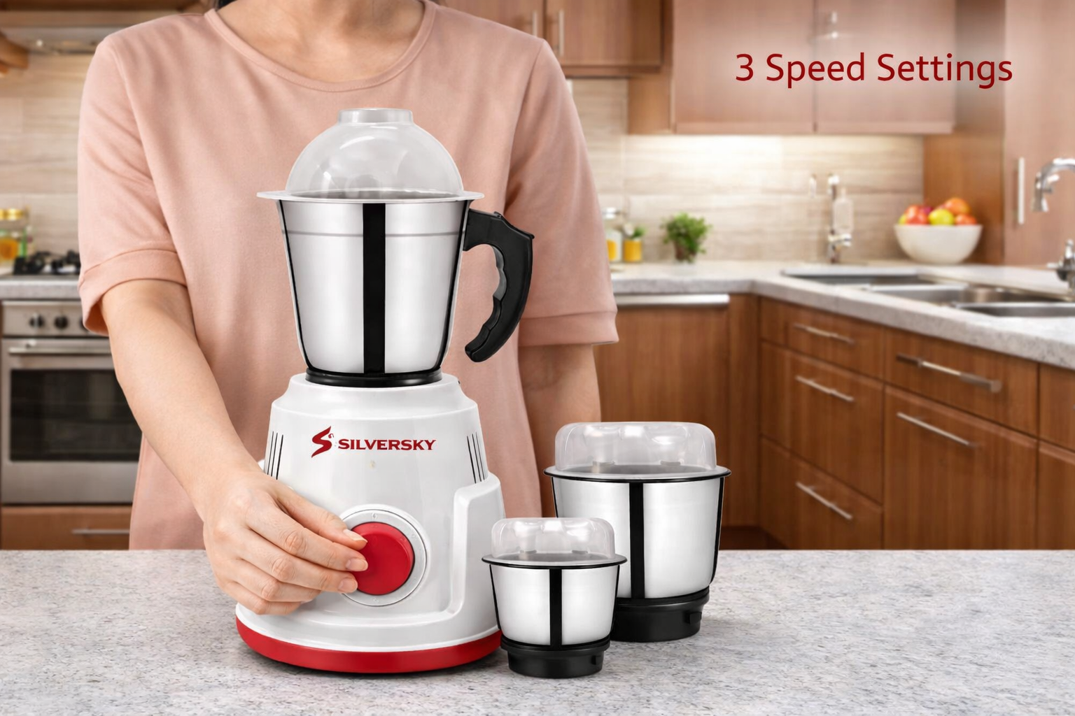 Silversky 500W Mixer Grinder with 3 Stainless Steel Jars – White & Red 3