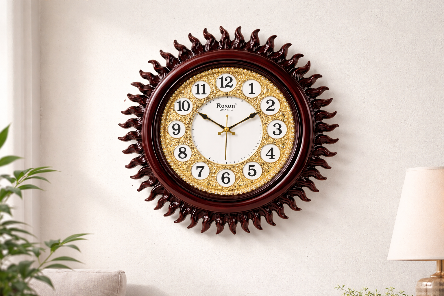 Roxon 22 Inch Sun Designer Wall Clock Silent Sweep Big Size Antique Gold Dial 3