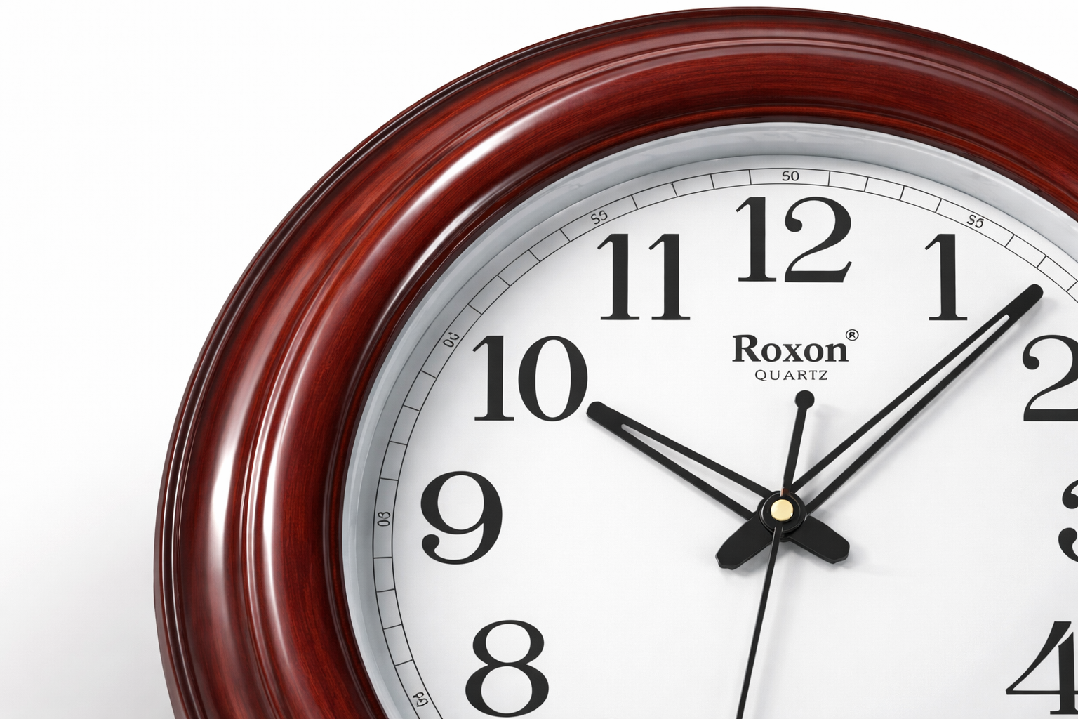 Roxon 12 Inch Round Wall Clock Big Numbers Step Movement Wooden Finish 2