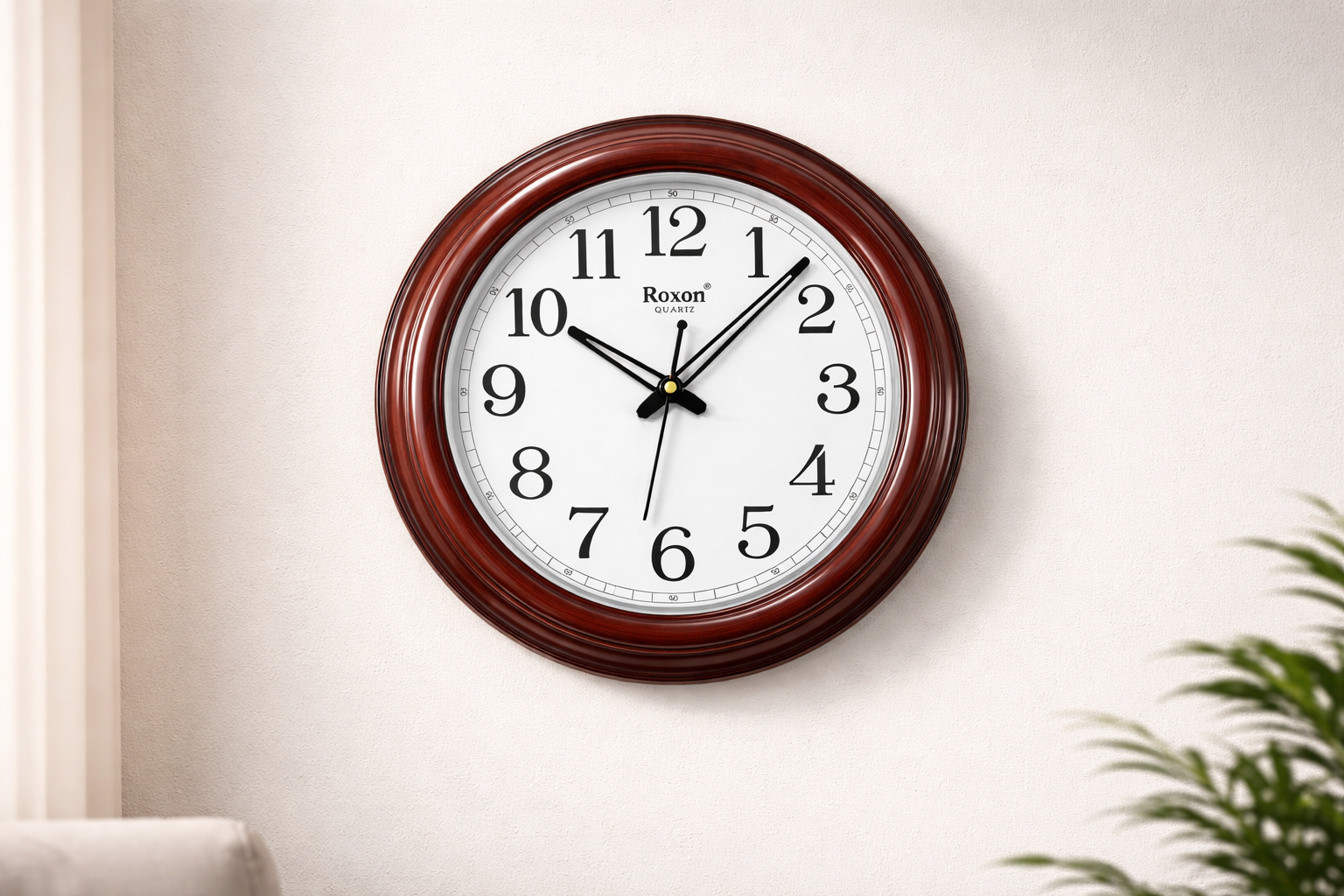 Roxon 12 Inch Round Wall Clock Big Numbers Step Movement Wooden Finish 3