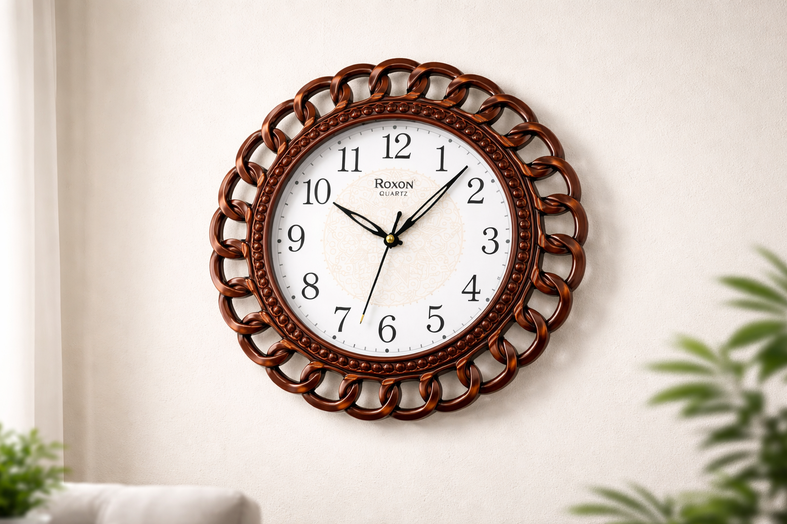 Roxon 12 Inch Designer Wall Clock Decorative Chain Frame Step Movement Brown 3