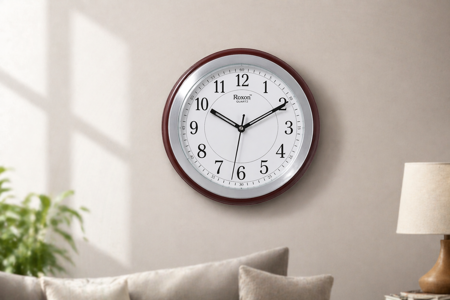 Roxon 12 Inch Wall Clock Silver Dial Wooden Finish Frame 2