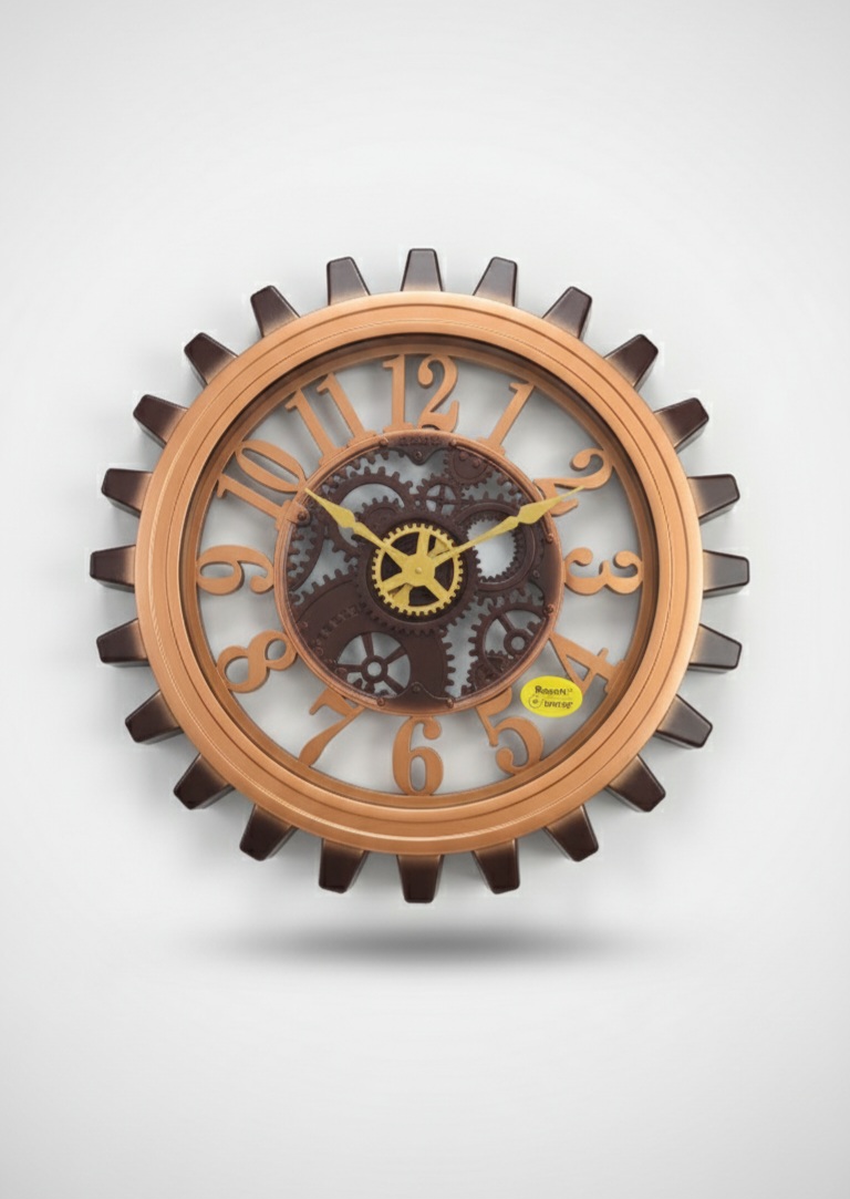 Roxon 18-Inch Decorative Moving Gear Wall Clock - Silent Quartz, Copper Finish