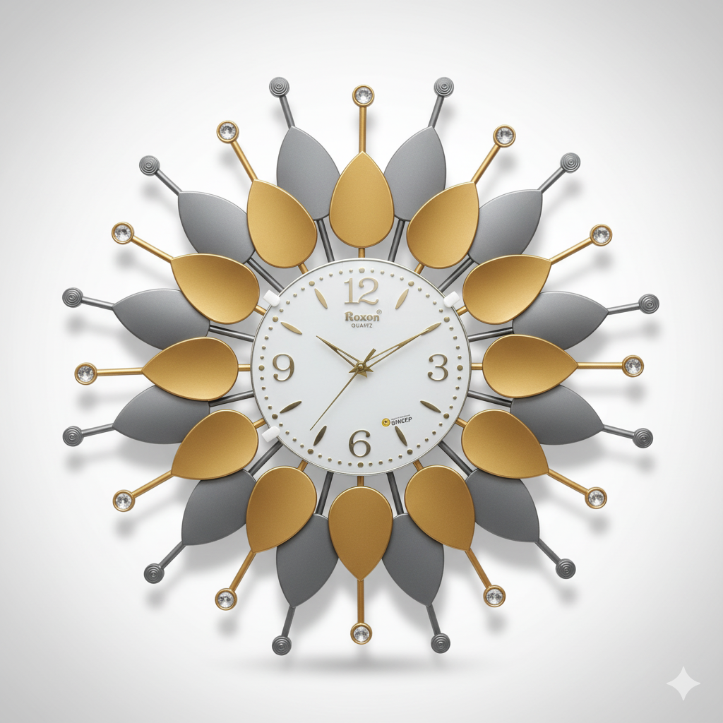 Roxon 24-Inch Luxury Flower Wall Clock - Silent Quartz, Gold & Grey Finish