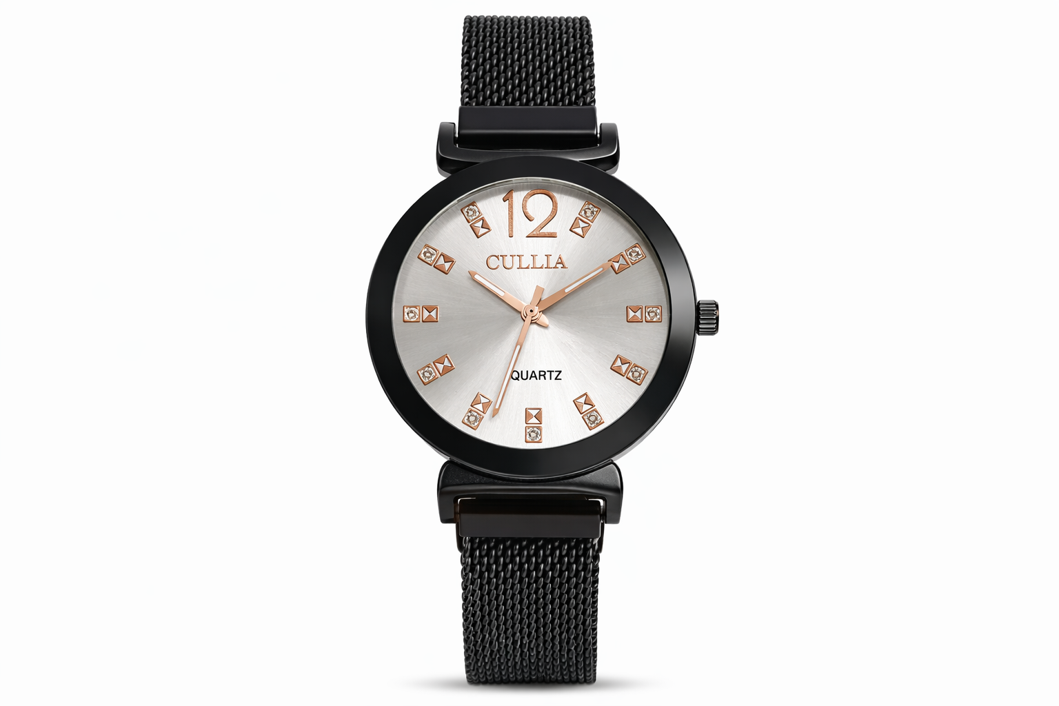 Black Magnet Chain Ladies Watch – Premium Silver Dial & Rose Gold Index | Women’s Analog Watch